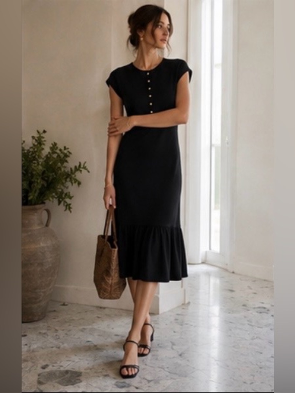 Vintage 80’s Black Knit Button-Front Drop Waist Ruffle Hem Dress